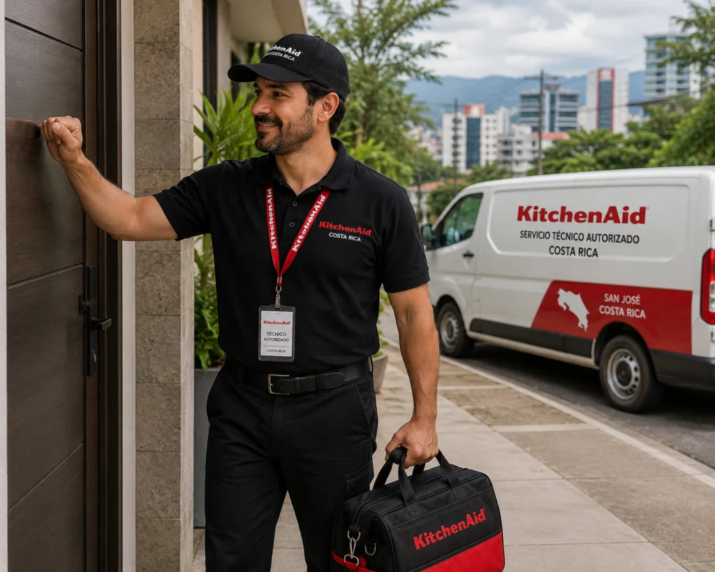 Técnico autorizado KitchenAid documentando una reparación en Panamá